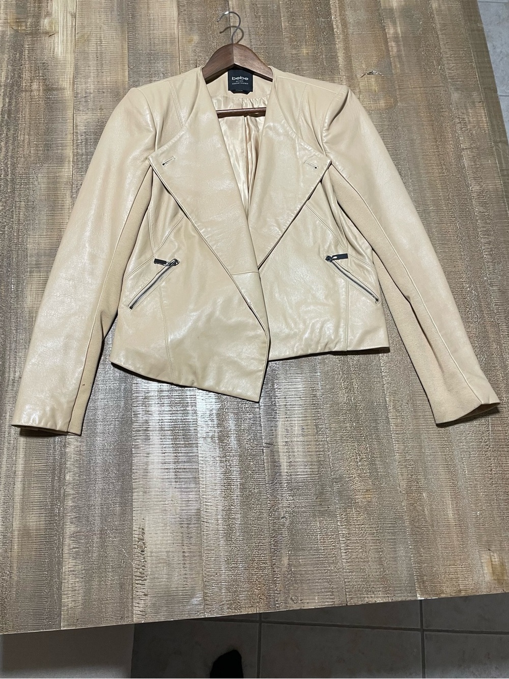 Bebe Women's Beige Genuine Leather Moto Jacket